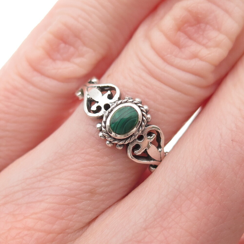 925 Sterling Silver Vintage Real Malachite Heart Ring Size 6